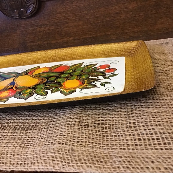 Vintage Japanese lacquered serving tray with faux rattan edges and fruit design - Picture 5 of 7